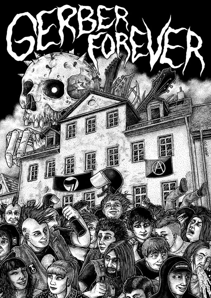 Gerber Forever Illustration. Verschiedene Personen mit Bierflaschen vor dem besetzen Haus in der Gerberstraße 3 in Weimar. Über dem Bild der Schriftzug: Gerber Forever